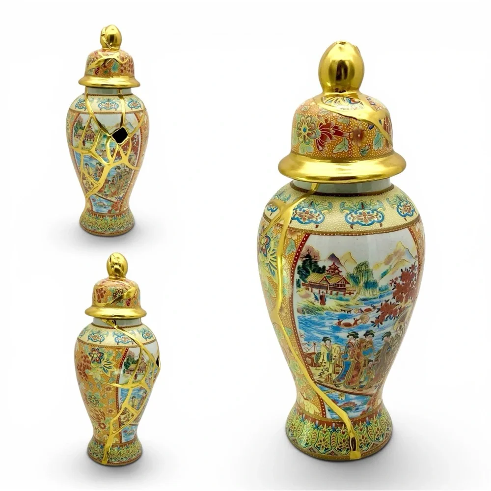 Kintsugi Vase 11” Temple Jar Satsuma-Style Gold Crack Art Personal Growth Gift